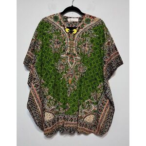 Paisley Kaftan Top Boho Festival Oversized Ethnic Print Green‎ Orange OS